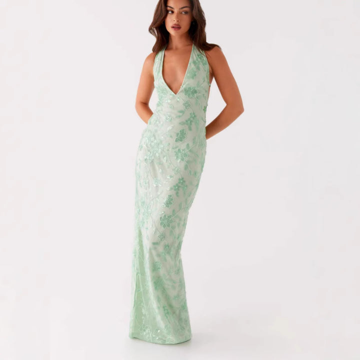 Damen Elegantes Langarmkleid mit floralem Spitzenüberzug und tiefem V-Ausschnitt Drune