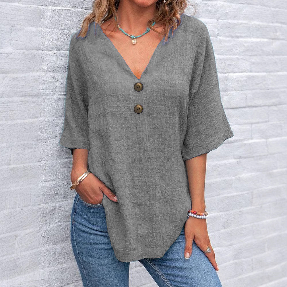 Damen V-Ausschnitt Bluse mit Knopfdetails Drune