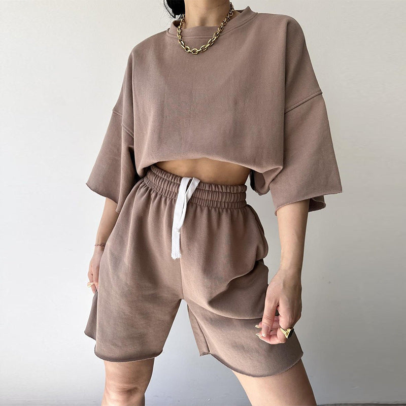 Damen Lässiges Oversized Freizeitset mit kurzärmligem Oberteil und weiten Shorts Drune