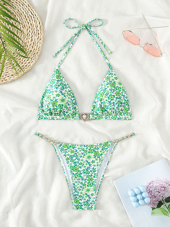 Damen Triangel-Bikini mit dekorativen Kettendetails und floralen Akzenten Drune
