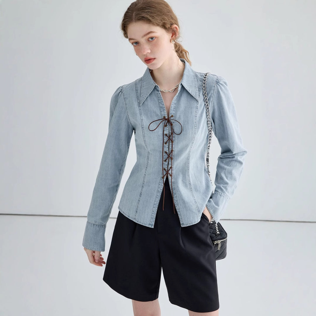 Damen elegante Jeansbluse mit Spitzenverschluss Drune