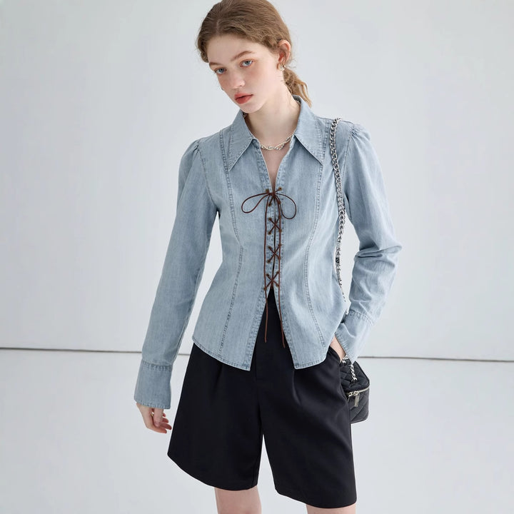 Damen elegante Jeansbluse mit Spitzenverschluss Drune