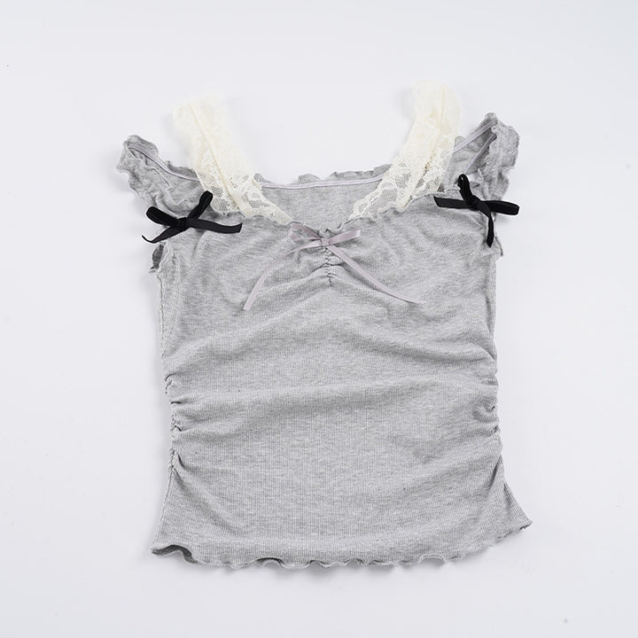 Damen Top mit verspieltem Spitzenkragen und Raffdetails Drune