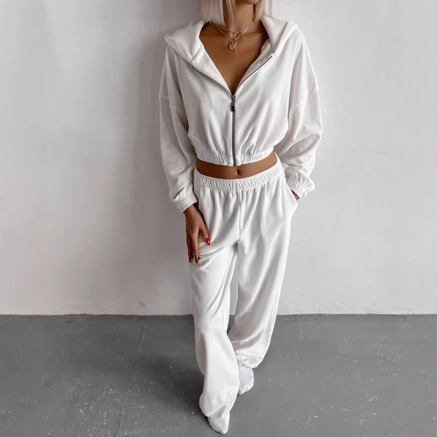 Damen nan Samt-Loungewear-Zweiteiler mit kurzem Frontzip, elastischem Komfortbund und weitem Hosenbein Drune