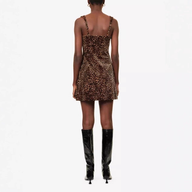 Damen figurbetontes Minikleid mit Leopardenmuster und eleganten Trägern Drune