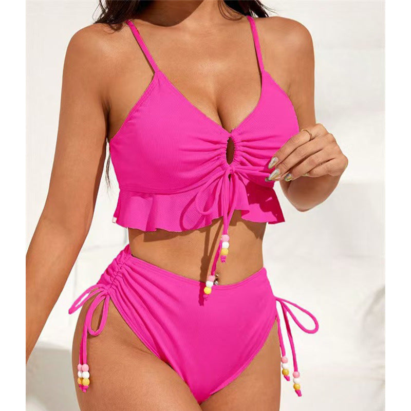 Damen Hochgeschnittenes Rüschen-Bikini-Set mit verstellbaren Bändern Drune