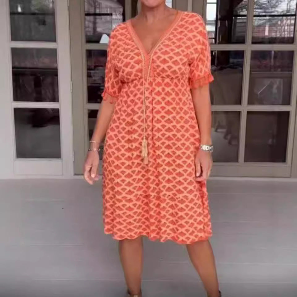 Damen nan lässiges Midikleid im Kaftanstil mit V-Ausschnitt, Quastenband, geraffter Empirenaht und Fransenärmeln Drune