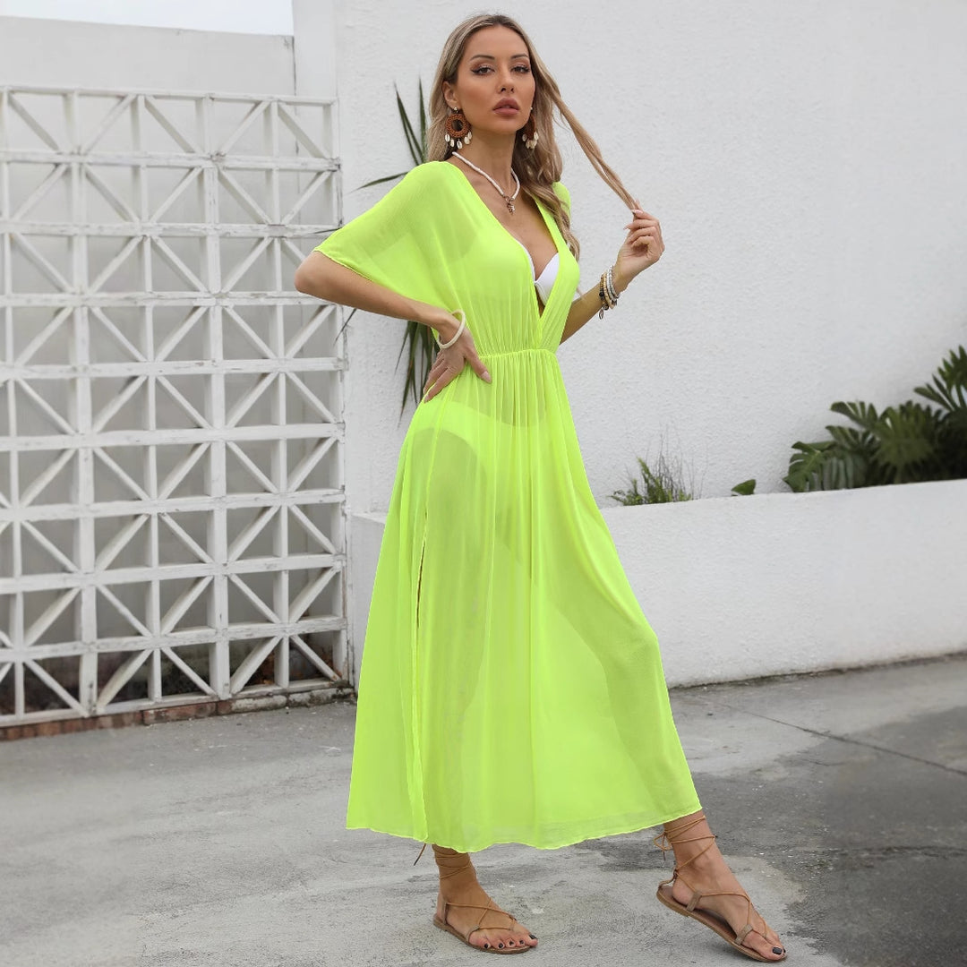 Damen elegantes Maxi-Kleid mit tiefem V-Ausschnitt und fließendem Rock Drune