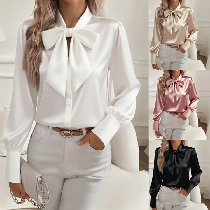Damen elegante Satinbluse mit Schleifenkragen und Puffärmeln Drune