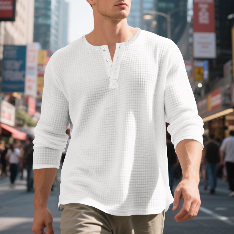Herren nan Waffelstruktur-Henley-Langarmshirt mit Rundhalsausschnitt, mehrfacher Knopfleiste und entspannter Passform Drune