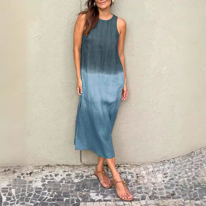 Drune | Baumwolle Leinen Ärmelloses Schlitz Gradient Kleid