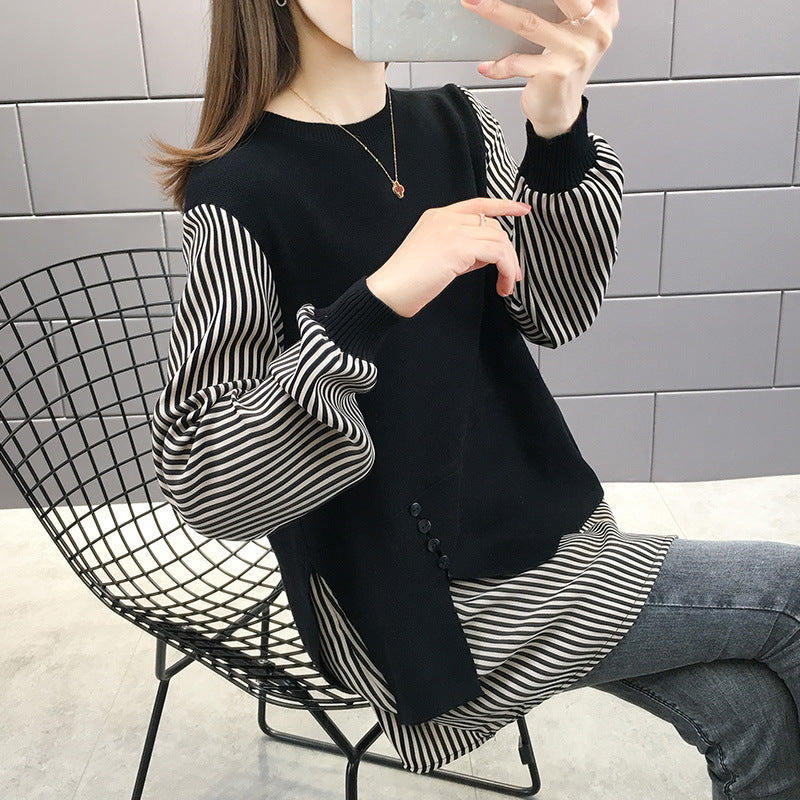 Damen Layered Sweatshirt mit gestreiften Ärmeln und Knopfdetails Drune