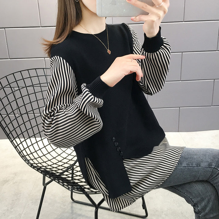 Damen Layered Sweatshirt mit gestreiften Ärmeln und Knopfdetails Drune