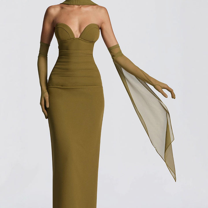 Damen Elegantes Schulterfreies Maxikleid mit figurformenden Einsätzen Drune