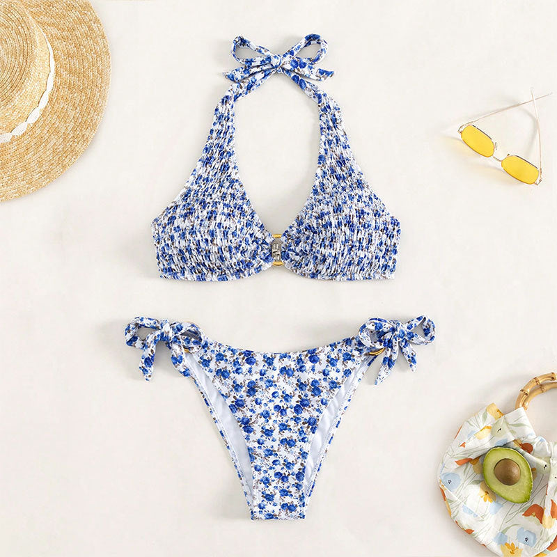 Damen Triangel-Bikini mit buntem Blumenmuster und verstellbaren Bindebändern Drune