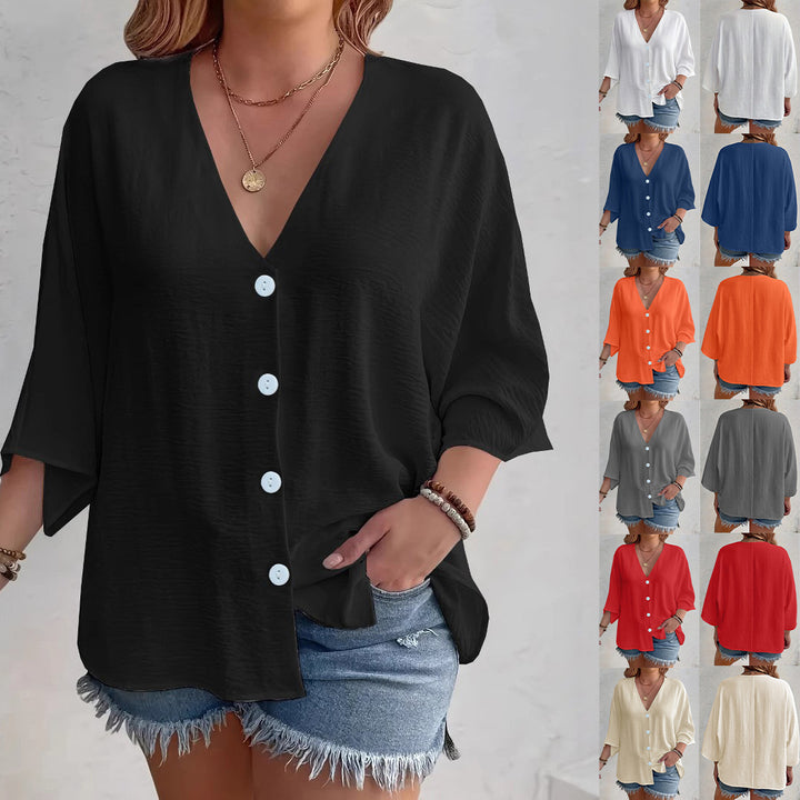 Damen Viskose Oversize-Bluse mit V-Ausschnitt und Knopfdetails Drune