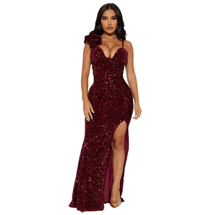 Drune | Frauen Tragen Einfarbig Sexy Träger Paillett Maxi Kleid Schlitz Abendkleid
