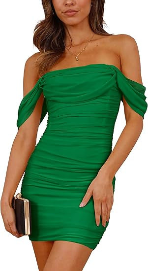 Damen figurbetontes Wickelkleid mit schulterfreiem Design Drune