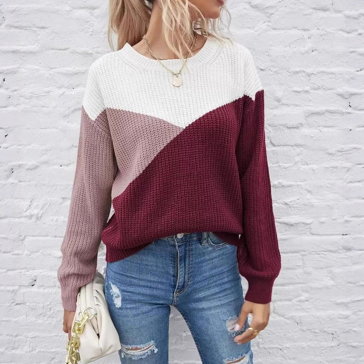 Damen Gemusterter Strickpullover mit modernem Farbblockdesign Drune