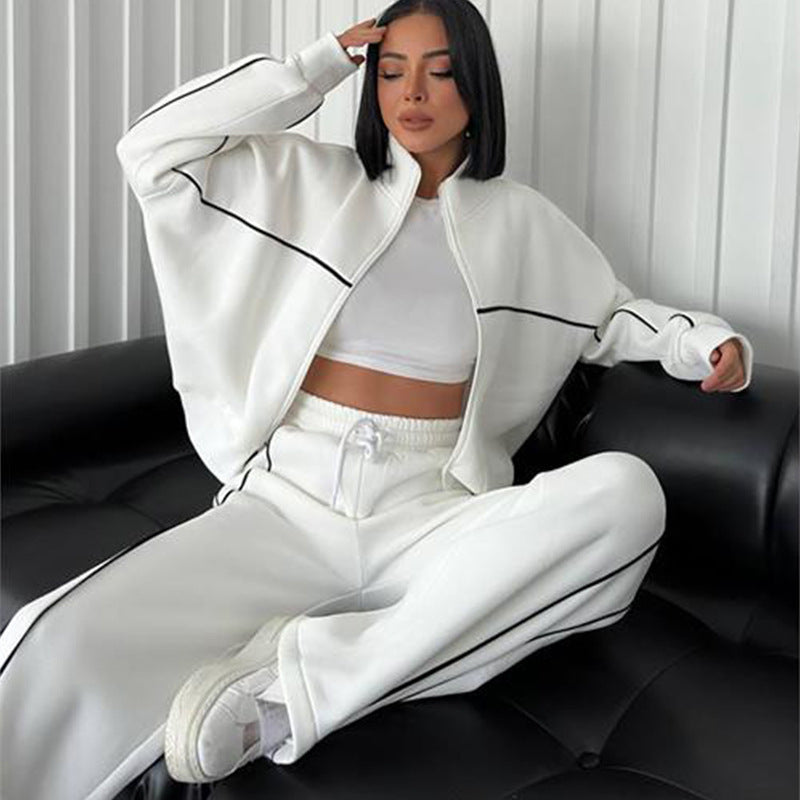 Damen nan Oversize Trainingsanzug Set mit Reißverschluss hohem Kragen und Kontrastpaspeln Drune