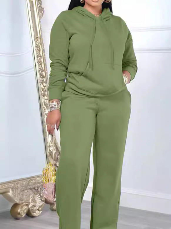 Damen nan Relax-Loungewear-Set mit weitem Highwaist-Palazzo-Jogger, Kapuzenpullover mit Kängurutasche und seitlichem Saumschlitz Drune