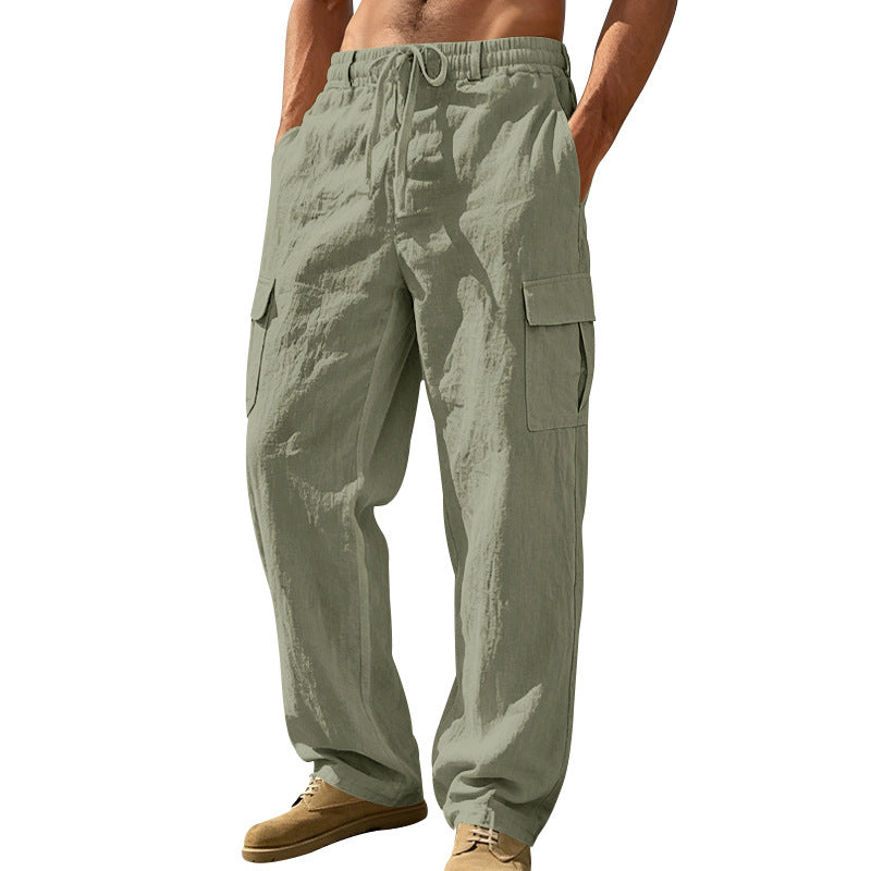 Herren nan entspannt geschnittene Strand-Cargohose aus Leinenblend mit elastischem Tunnelzug und zweifacher Klapptasche Drune