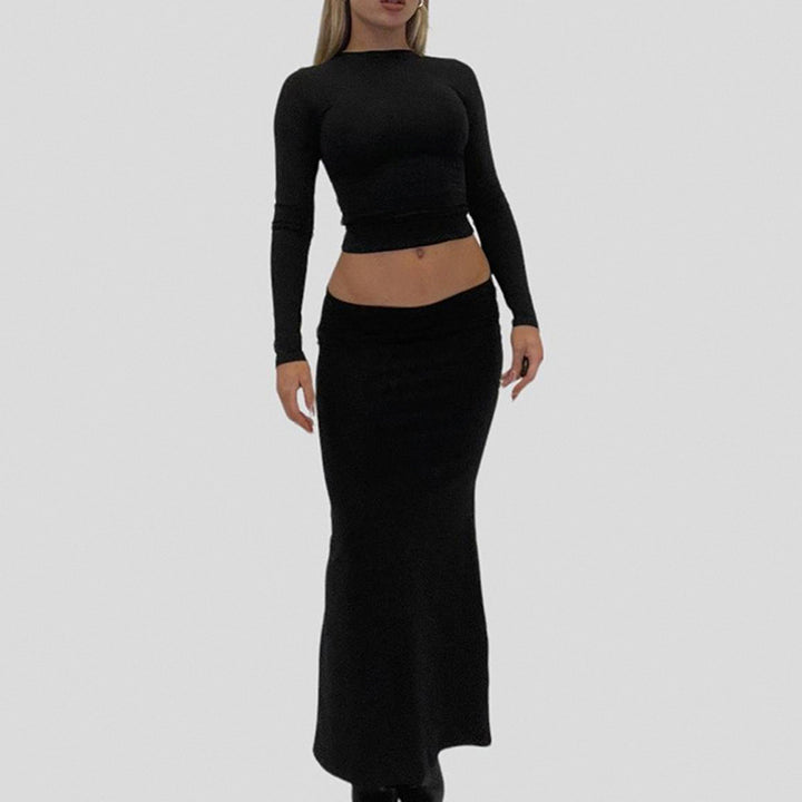 Damen Langarm Maxikleid mit elegantem Reißverschluss-Ausschnitt und figurbetontem Schnitt Drune