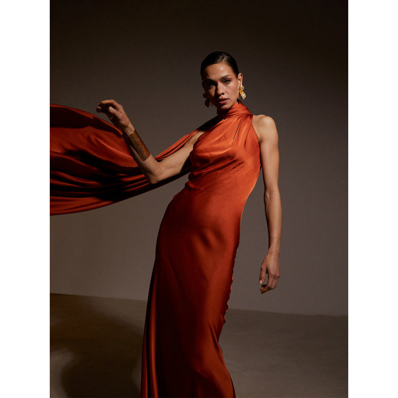 Damen elegantes Maxikleid mit asymmetrischem Oberteil und fließendem Schnitt Drune