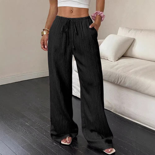 Damen Weite Leinenhose mit elastischem Bund und dekorativem Kordelzug Drune