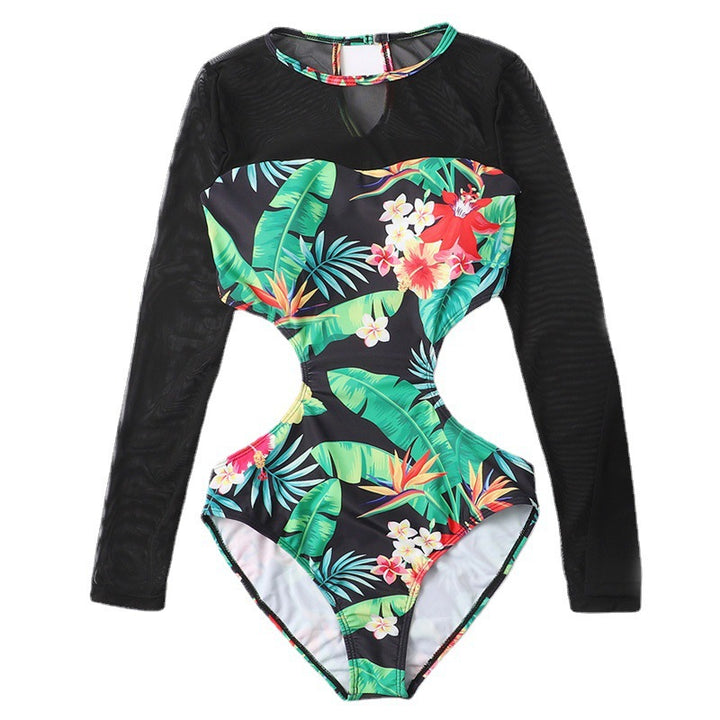 Damen Einteiler Badeanzug mit floralen Cut-Outs und transparenten Ärmel-Details Drune