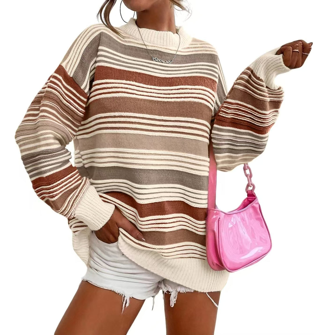 Damen gestreifter Oversize-Pullover mit Rundhalsausschnitt und lässiger Passform Drune
