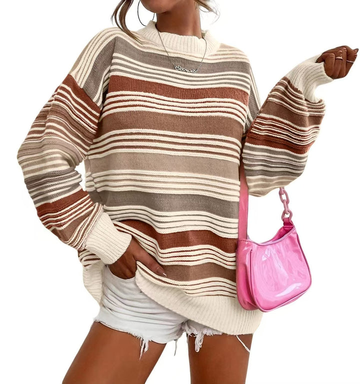 Damen gestreifter Oversize-Pullover mit Rundhalsausschnitt und lässiger Passform Drune
