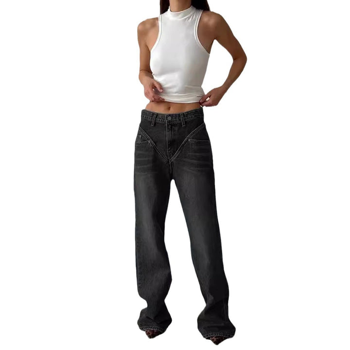 Damen nan hochgeschnittene weite Denim-Hose mit V-förmiger Bundnaht und extra-langem Bein Drune