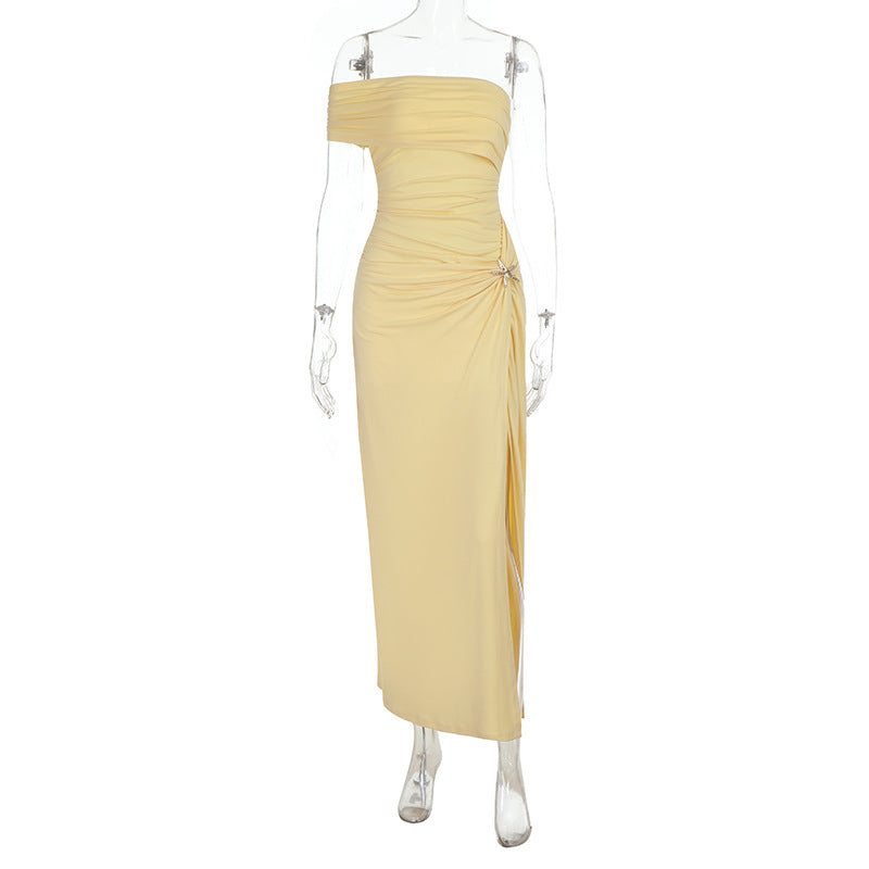 Damen Schickes Maxikleid mit Schulterfreiem Design und Raffungen Drune