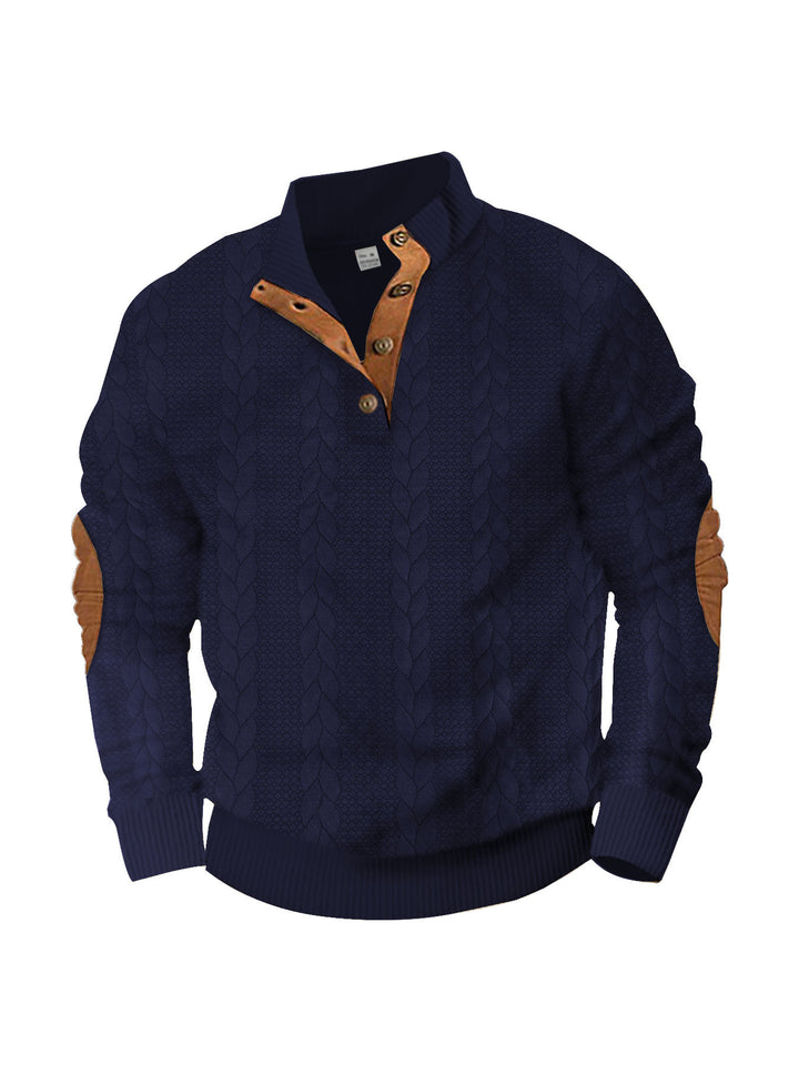 Herren nan lässiger Zopfstrickpullover mit verstärkter Knopfleiste und Wildleder-Ellenbogenpatches Drune