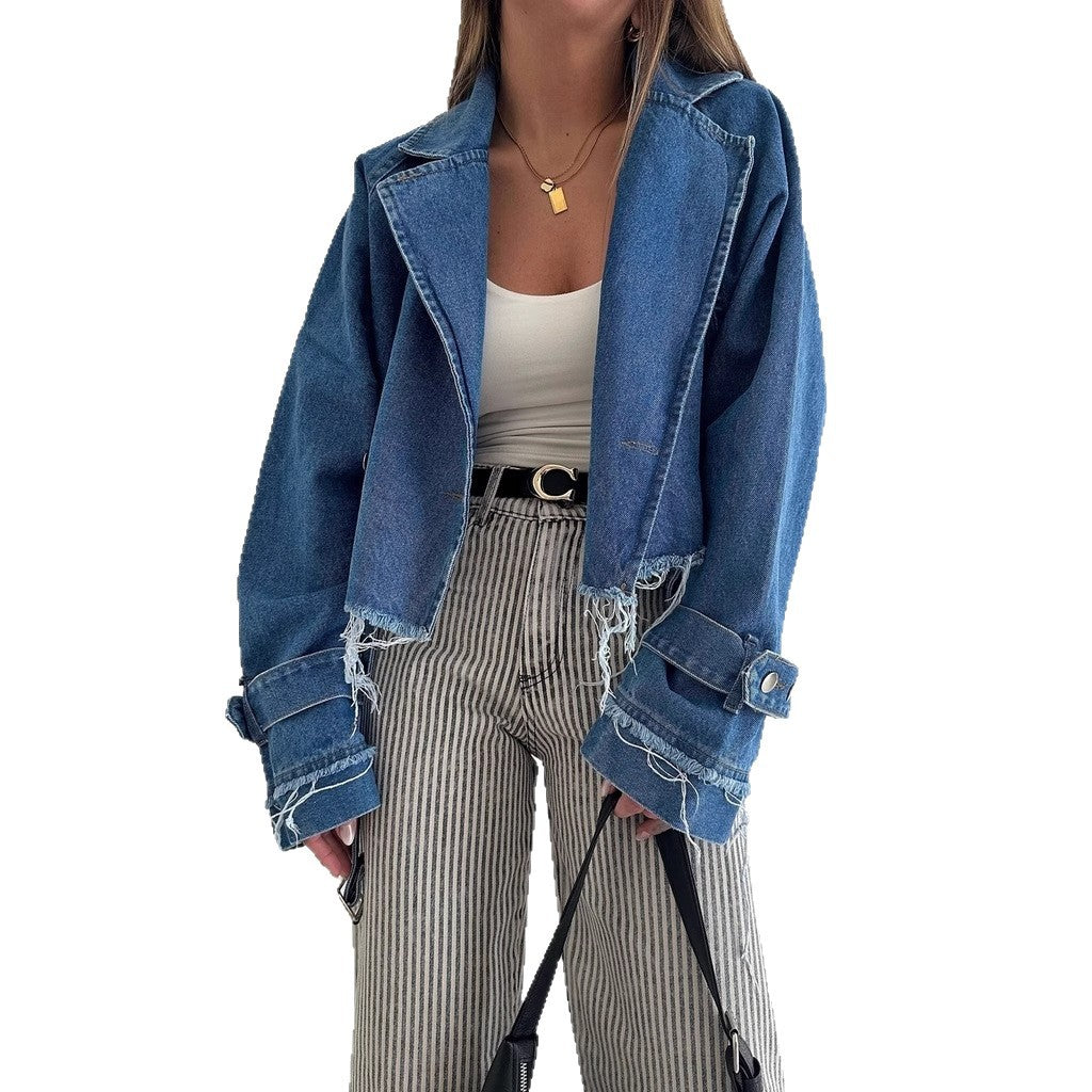 Damen cropped Denimjacke im Vintage-Stil mit fransen und modischen Details Drune