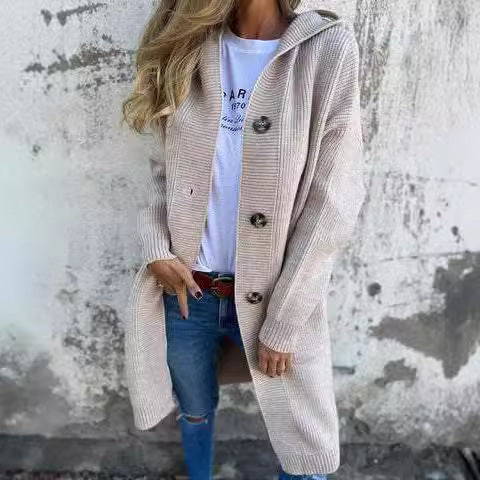 Damen lange Strickjacke mit Kapuze und Taschen Drune