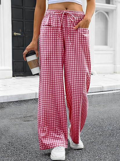 Damen Weit geschnittene Karohose mit elastischem Bund und praktischen Taschen Drune