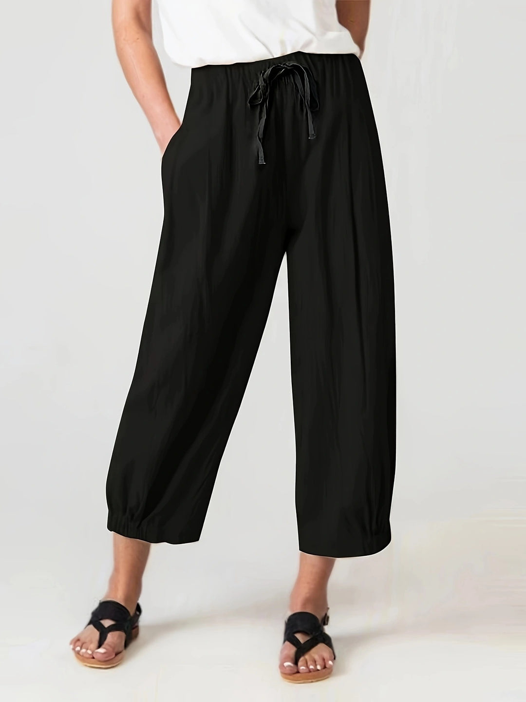 Damen weite Leinenhose mit elastischem Bund und praktischen Taschen Drune