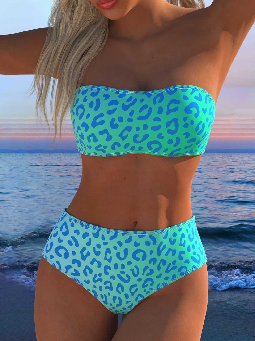 Damen Bandeau Bikini-Set mit tierischem Muster und hohem Taillenbund Drune