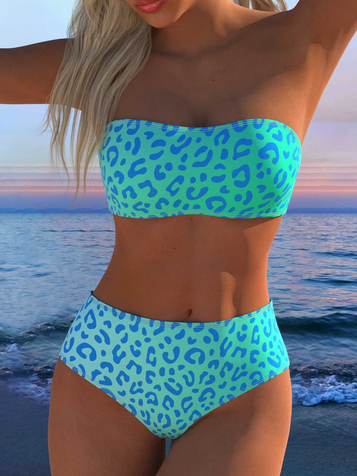 Damen Bandeau Bikini-Set mit tierischem Muster und hohem Taillenbund Drune