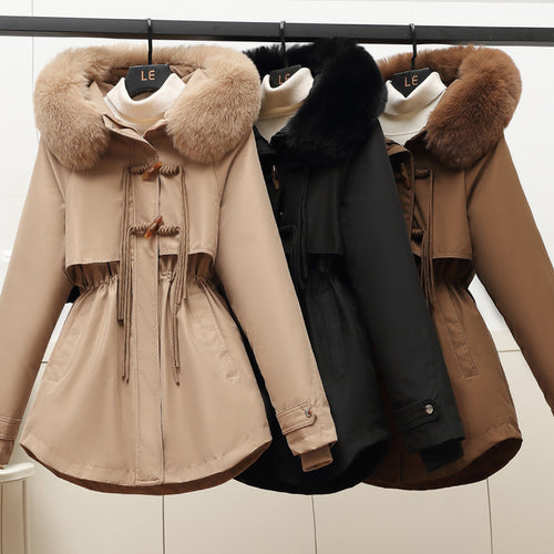 Damen Wattierte Winterjacke mit abnehmbarem Kunstfellkragen und Taillenzug Drune