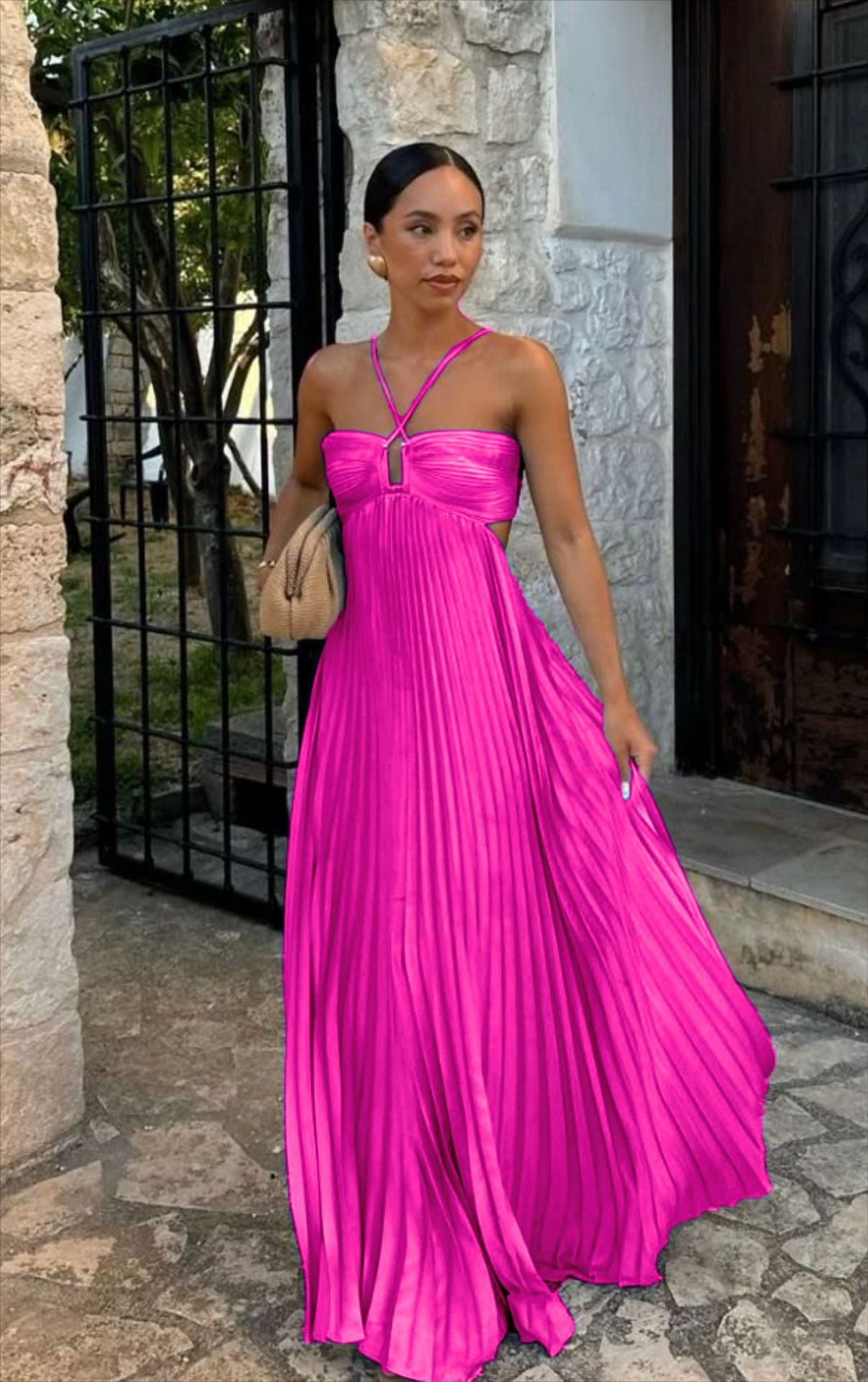 Damen Plisseekleid mit schulterfreiem Design und raffinierten Trägerdetails Drune