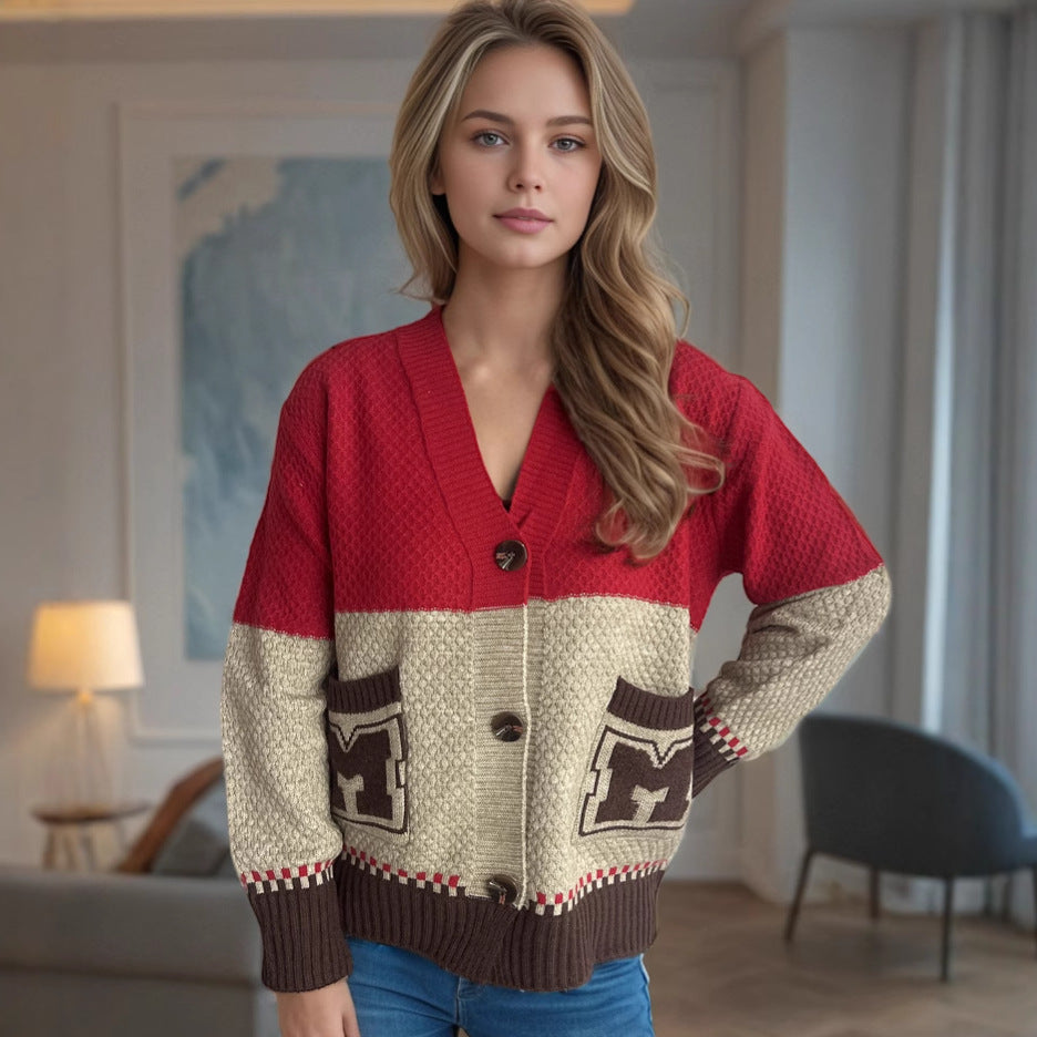 Damen Strickjacke mit dekorativen Taschen und modernem Farbblockdesign Drune