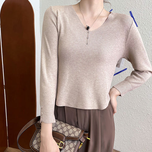 Damen elegantes Strickoberteil mit V-Ausschnitt und Rippstruktur Drune