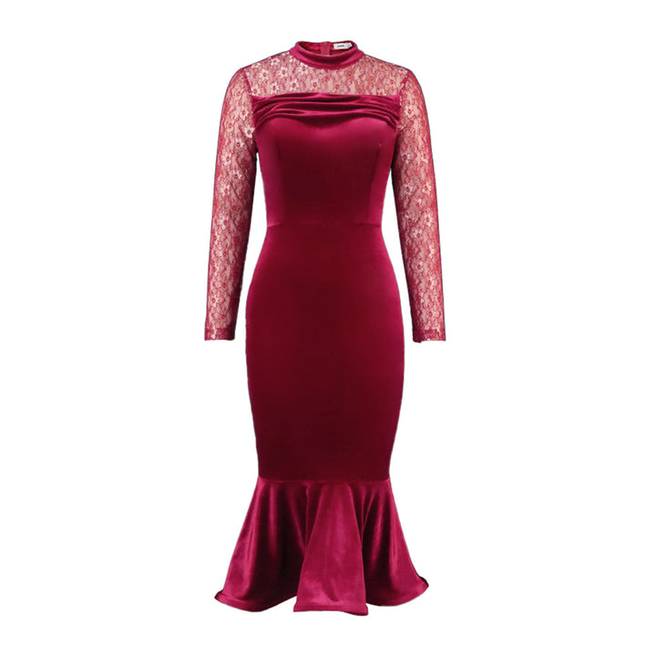 Damen Elegant Fit-and-Flare Kleid mit Spitzenärmeln Drune