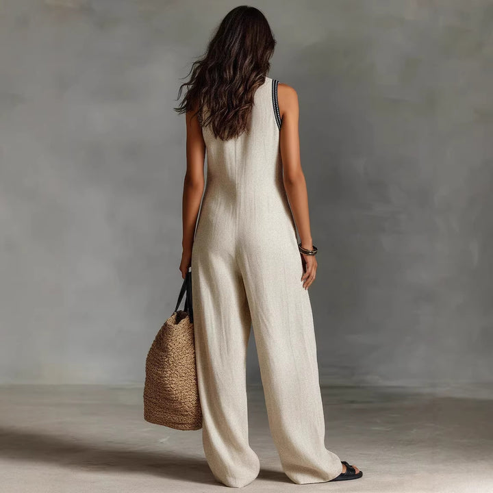 Damen luftiger Jumpsuit mit elegantem V-Ausschnitt und besticktem Kragen Drune
