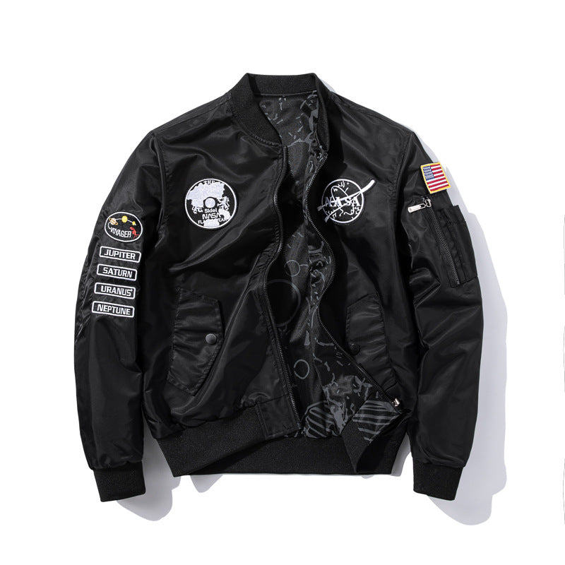 Herren  bestickte Raum-Patch glänzende Shell Bomberjacke mit bedrucktem Innenfutter und Ärmel-Reißverschluss-Nutztasche Drune