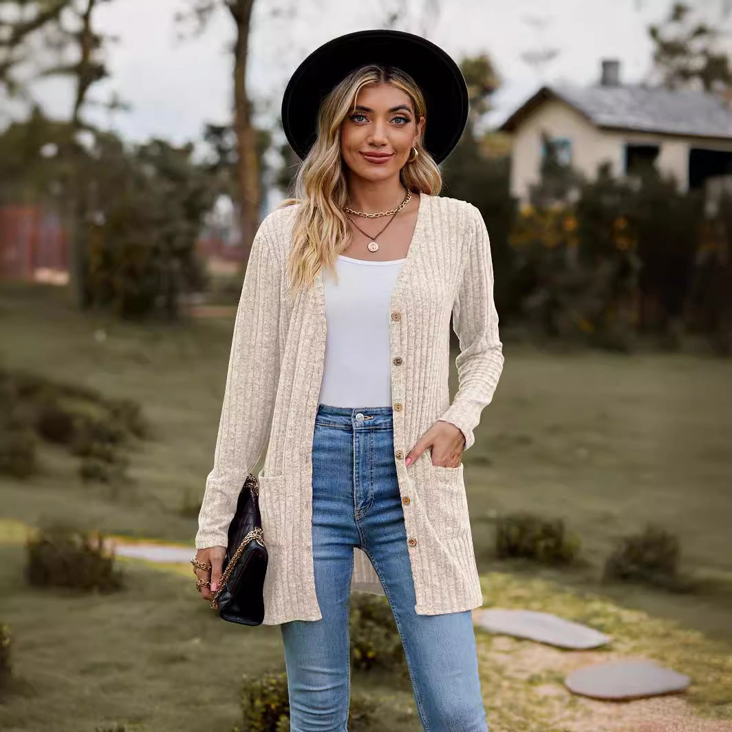 Damen Strickjacke mit vertikalem Rippenmuster und Taschen Drune