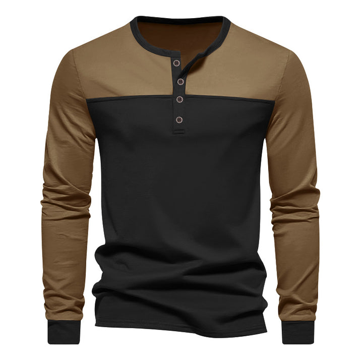 Herren nan modernes Henley-Longsleeve mit Riegelknopfleiste, zweifarbigen Kontrast-Einsatz und gerippten Bündchen Drune
